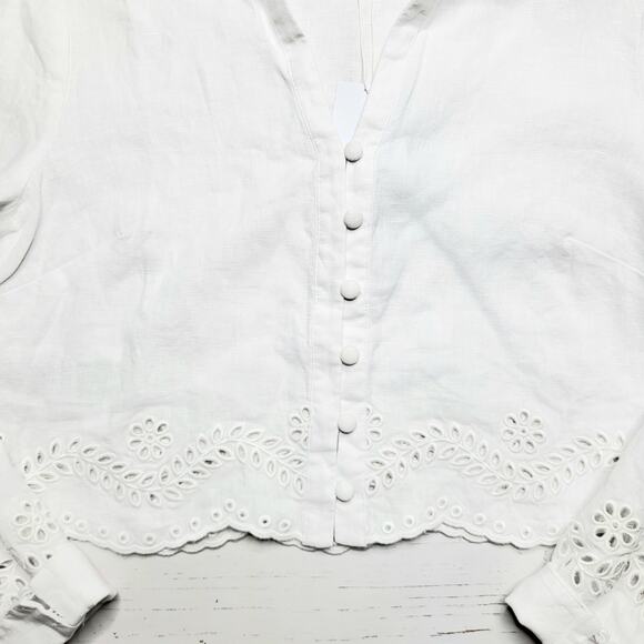 Guess Leyna Embroidered Eyelet Crop Linen Shirt White Scallop Hem Button Medium - Picture 7 of 10